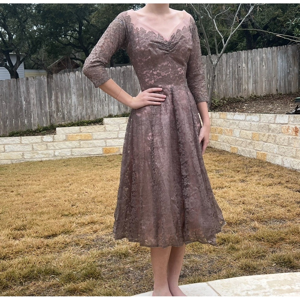 Vtg 1950s Emma Domb Pink Lace Party Dress Tea Fit & Flare Illusion Size XS *read